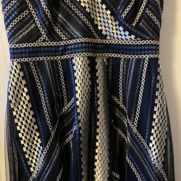 BCBG Metallic Navy Gold Handkerchief Dress Size 2 - Picture 5 of 10